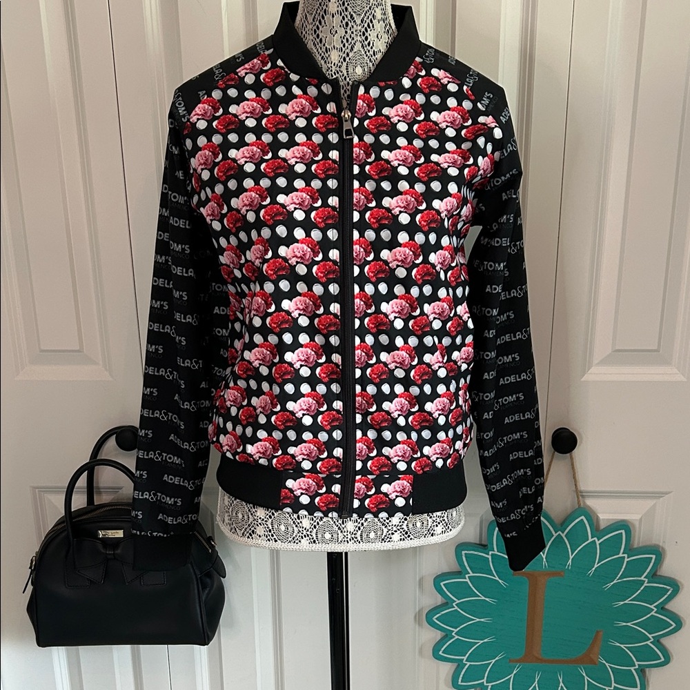 Adela & Tom's Flamenco Floral Polka Dot Bomber Jacket Size Small - NWT